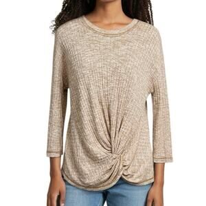 Anthropologie Tan Ribbed Knit Twist Front Long Sleeve Top Women’s Medium | Fall